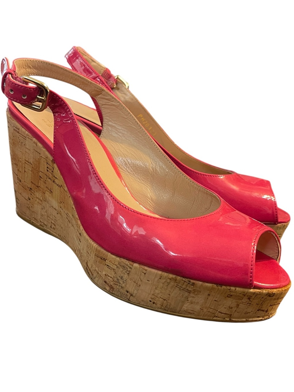 Stuart Weitzman Pink Patent Leather Jean Peep Toe Cork Wedge Slingback Sandals